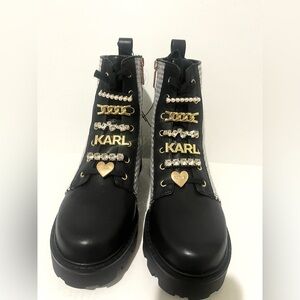 Karl LAGERFELD Mela Houndstooth Lace-Up Combat Boots in Black and White